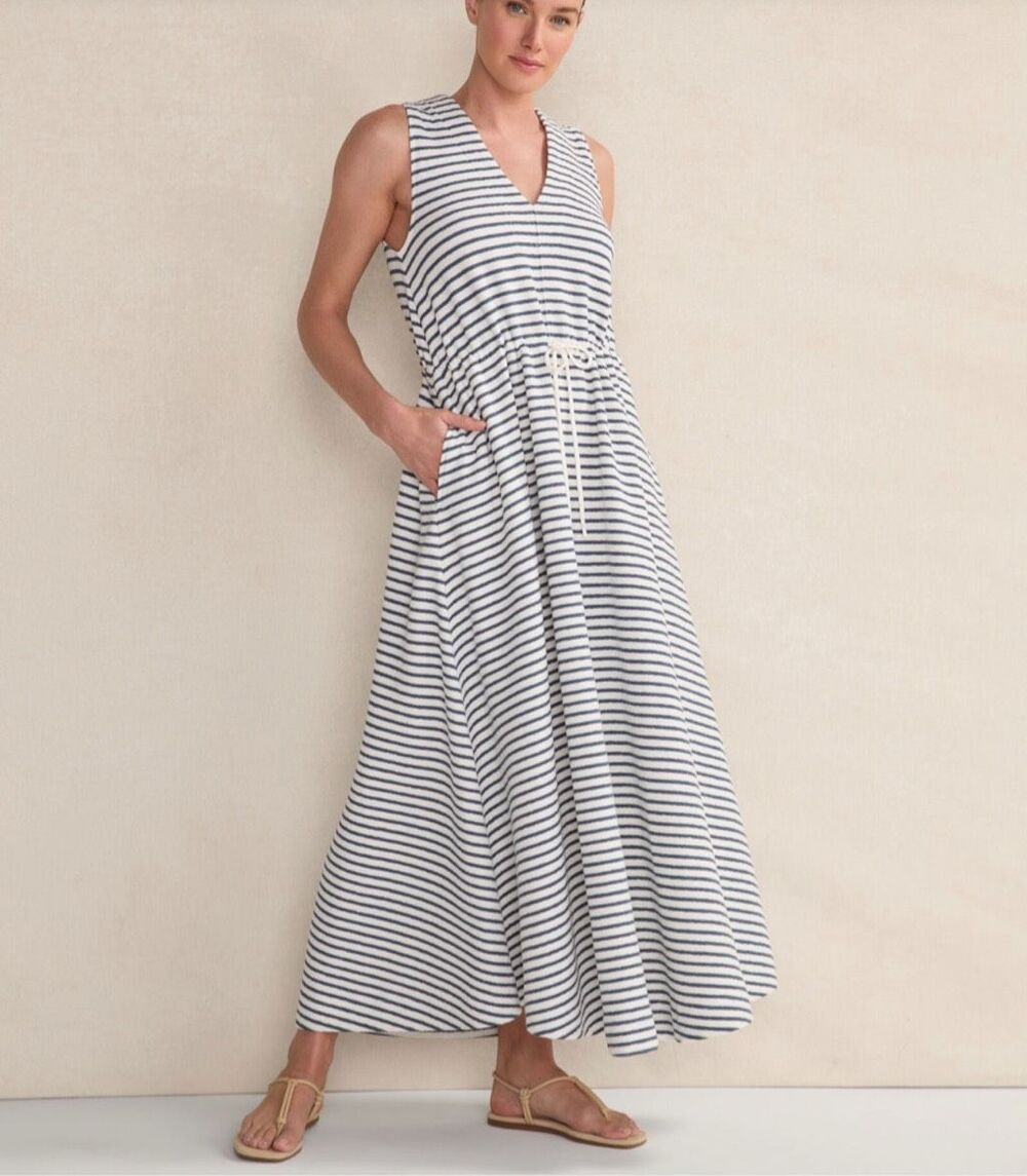 Haven Well Within $128 Textured Stripe Cotton Blend Midi Dress Ivory Indigo L NE
